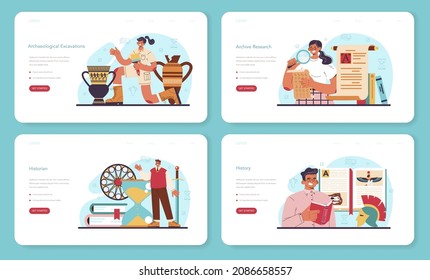 Historian web banner or landing page set. History scientist or archaeologist. Knowledge of an ancient civilization culture. Historic periods research. Isolated vector illustration in flat style