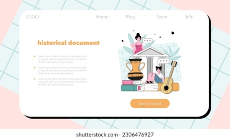 Historian web banner or landing page. History scientist or archaeologist. Knowledge of an ancient civilization culture. Historic periods research, document analysis. Flat vector illustration