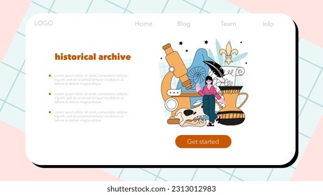 Historian web banner or landing page. History scientist or archaeologist. Knowledge of an ancient civilization culture. Historic periods research, document analysis. Flat vector illustration