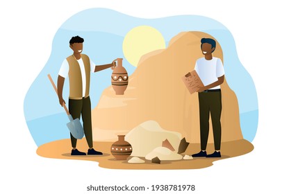 Historians characters searching for artifacts. Archaeologists digging, researching. Flat abstract metaphor outline cartoon vector illustration concept banner design. Art isolated on white background