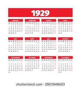 Historic 1929 calendar layout with Monday week start