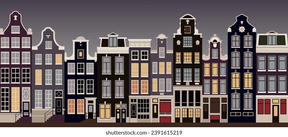 Historic Amsterdam style poster. The Damrak street between Dam Square and Central Station. Historical destinations in Europe. Architecture of Netherlands.