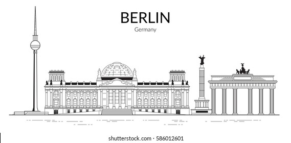 Edificio histórico de arquitectura en Berlín, Alemania. Puerta de Brandeburgo. Reichstag. Ilustración vectorial, logotipo, punto de referencia, símbolo vectorial. 