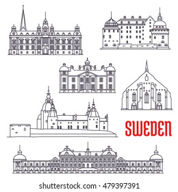 Historic architecture buildings of Sweden. Vector thin line icons of Vadstena Abbey, Malmo Town Hall, Kalmar, Orebro and Stromsholm Castle, Drottningholm Palace