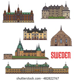 Historic architecture landmarks icons of Sweden. Detailed icons of Vadstena Abbey, Malmo Town Hall, Kalmar, Orebro, Stromsholm Castle, Drottningholm Palace for print, souvenirs, postcards, decoration