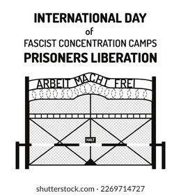 Histórica puerta Birkenau en Auschwitz. Ilustración plana para afiches. Día Internacional de los campos de concentración fascistas, liberación de prisioneros.