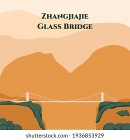 Historic bridge in China. Zhangjiajie's National Forest Park The Grand Canyon of Zhangjiajie skywalk Glass-bottom Bridge. The bridge built as an attraction for tourists. Vector flat cartoon