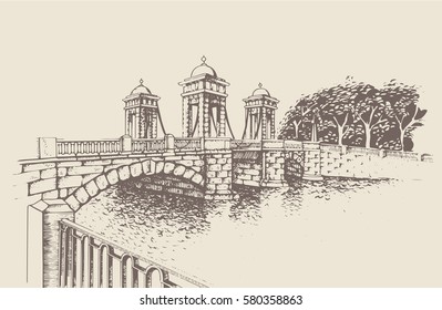 Historic bridge on Fontanka embankment, St. Petersburg. Monument of culture of the city bridge construction. Traced image. Original drawings by hand, you can also find in my portfolio BITMAP folder.