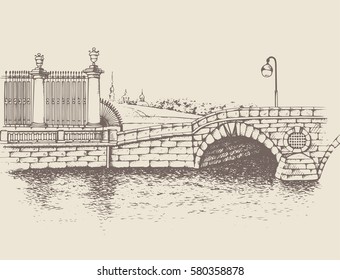 Historic bridge on Fontanka embankment, St. Petersburg. One of the first stone bridge built in city. Traced image. Original drawings by hand, you can also find in my portfolio BITMAP folder.