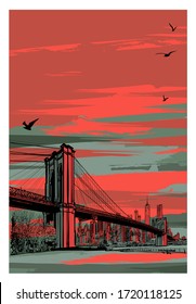 Historic Brooklyn Bridge and lower Manhattan - vector illustration (Ideal for printing on fabric or paper, poster or wallpaper, house decoration) 