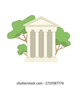 A historic building with columns. A monument of ancient culture. A Greek Antique temple. Symbol of ancient civilization. Trees are in the background