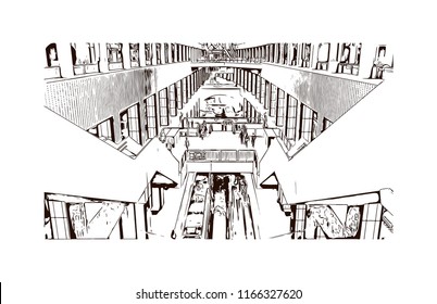 Historic building with landmark of Antwerp is a port city on Belgium’s River Scheldt, with history dating to the Middle Ages. Hand drawn sketch illustration in vector.