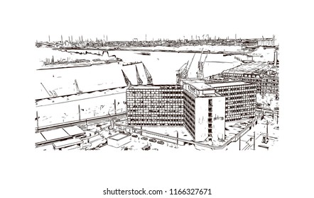 Historic building with landmark of Antwerp is a port city on Belgium’s River Scheldt, with history dating to the Middle Ages. Hand drawn sketch illustration in vector.