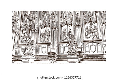 Historic building with landmark of Antwerp is a port city on Belgium’s River Scheldt, with history dating to the Middle Ages. Hand drawn sketch illustration in vector.