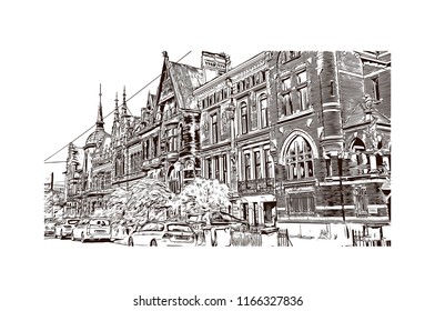 Historic building with landmark of Antwerp is a port city on Belgium’s River Scheldt, with history dating to the Middle Ages. Hand drawn sketch illustration in vector.