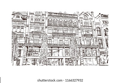 Historic building with landmark of Antwerp is a port city on Belgium’s River Scheldt, with history dating to the Middle Ages. Hand drawn sketch illustration in vector.
