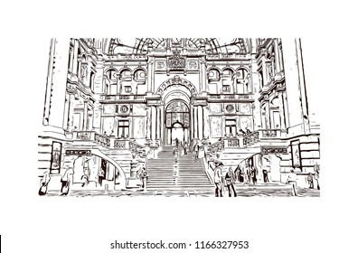 Historic building with landmark of Antwerp is a port city on Belgium’s River Scheldt, with history dating to the Middle Ages. Hand drawn sketch illustration in vector.