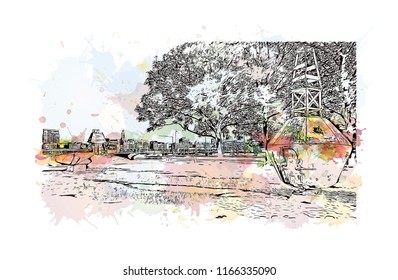 Historic building with landmark of Antwerp is a port city on Belgium River, with history dating to the Middle Ages. Watercolor splash with Hand drawn sketch illustration in vector.
