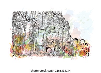 Historic building with landmark of Antwerp is a port city on Belgium River, with history dating to the Middle Ages. Watercolor splash with Hand drawn sketch illustration in vector.