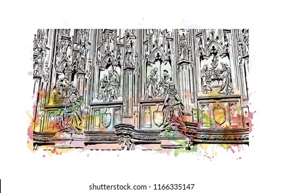 Historic building with landmark of Antwerp is a port city on Belgium River, with history dating to the Middle Ages. Watercolor splash with Hand drawn sketch illustration in vector.