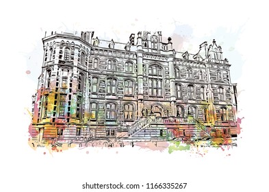 Historic building with landmark of Antwerp is a port city on Belgium River, with history dating to the Middle Ages. Watercolor splash with Hand drawn sketch illustration in vector.