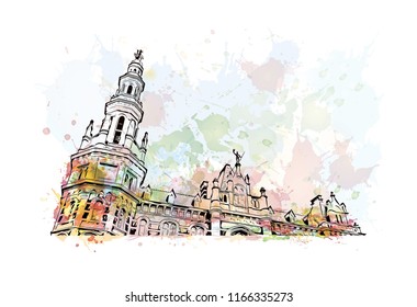 Historic building with landmark of Antwerp is a port city on Belgium River, with history dating to the Middle Ages. Watercolor splash with Hand drawn sketch illustration in vector.