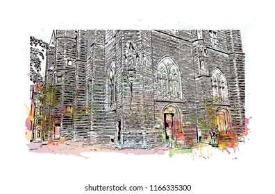 Historic building with landmark of Antwerp is a port city on Belgium River, with history dating to the Middle Ages. Watercolor splash with Hand drawn sketch illustration in vector.