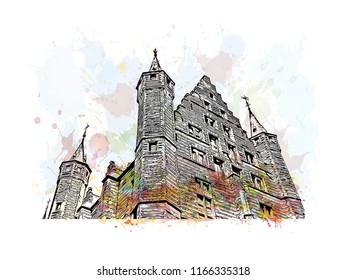 Historic building with landmark of Antwerp is a port city on Belgium River, with history dating to the Middle Ages. Watercolor splash with Hand drawn sketch illustration in vector.