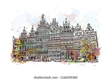 Historic building with landmark of Antwerp is a port city on Belgium River, with history dating to the Middle Ages. Watercolor splash with Hand drawn sketch illustration in vector.