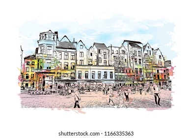 Historic building with landmark of Antwerp is a port city on Belgium River, with history dating to the Middle Ages. Watercolor splash with Hand drawn sketch illustration in vector.