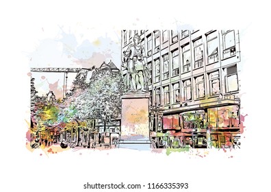 Historic building with landmark of Antwerp is a port city on Belgium River, with history dating to the Middle Ages. Watercolor splash with Hand drawn sketch illustration in vector.