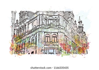 Historic building with landmark of Antwerp is a port city on Belgium River, with history dating to the Middle Ages. Watercolor splash with Hand drawn sketch illustration in vector.