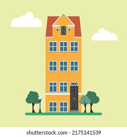 Historic building with lanterns and trees. Vector illustration.