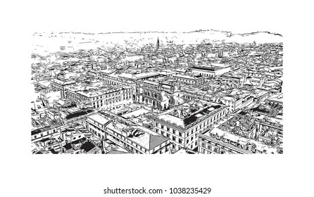 Historic building view and skyline of Florence City in Italy. Hand drawn sketch illustration in vector.
