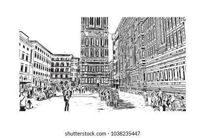 Historic building view and skyline of Florence City in Italy. Hand drawn sketch illustration in vector.
