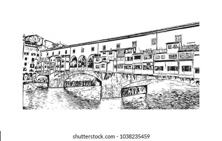 Historic building view and skyline of Florence City in Italy. Hand drawn sketch illustration in vector.