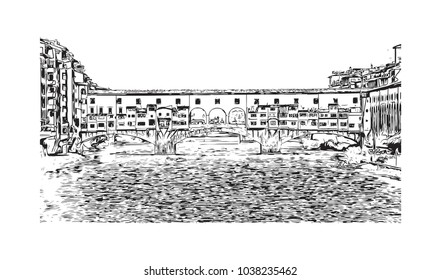 Historic building view and skyline of Florence City in Italy. Hand drawn sketch illustration in vector.