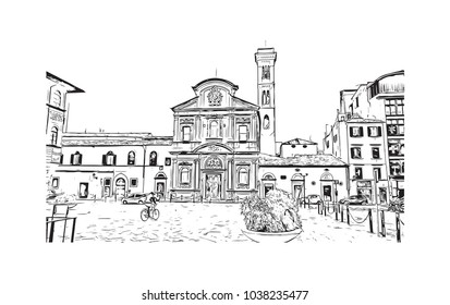 Historic building view and skyline of Florence City in Italy. Hand drawn sketch illustration in vector.