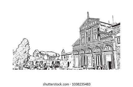 Historic building view and skyline of Florence City in Italy. Hand drawn sketch illustration in vector.