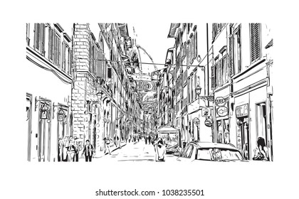 Historic building view and skyline of Florence City in Italy. Hand drawn sketch illustration in vector.