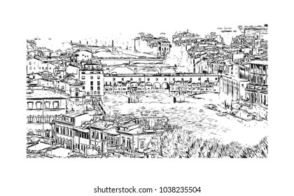 Historic building view and skyline of Florence City in Italy. Hand drawn sketch illustration in vector.