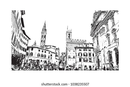 Historic building view and skyline of Florence City in Italy. Hand drawn sketch illustration in vector.