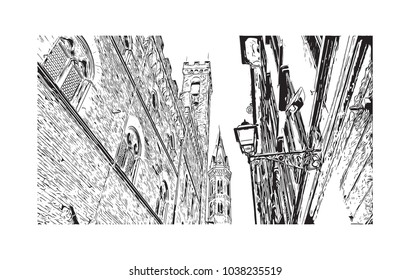 Historic building view and skyline of Florence City in Italy. Hand drawn sketch illustration in vector.