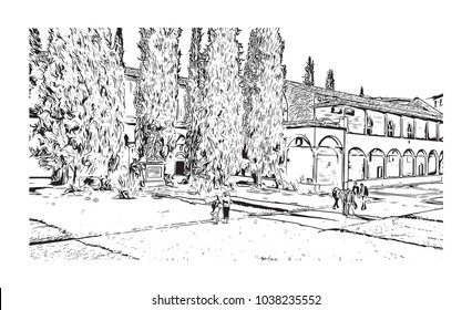 Historic building view and skyline of Florence City in Italy. Hand drawn sketch illustration in vector.