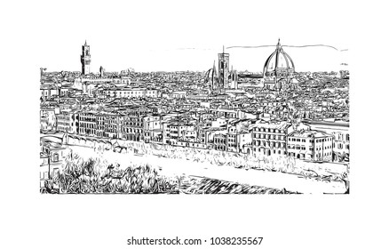 Historic building view and skyline of Florence City in Italy. Hand drawn sketch illustration in vector.