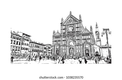 Historic building view and skyline of Florence City in Italy. Hand drawn sketch illustration in vector.