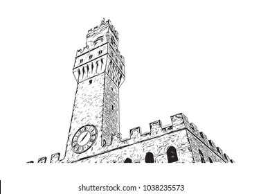 Historic building view and skyline of Florence City in Italy. Hand drawn sketch illustration in vector.