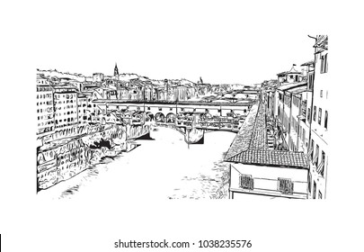 Historic building view and skyline of Florence City in Italy. Hand drawn sketch illustration in vector.