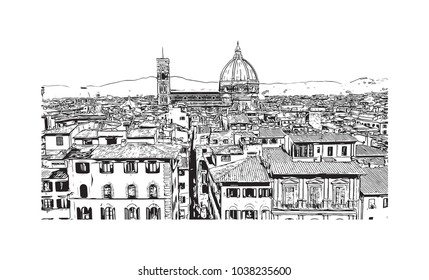 Historic building view and skyline of Florence City in Italy. Hand drawn sketch illustration in vector.