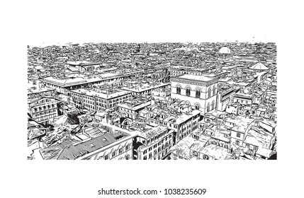 Historic building view and skyline of Florence City in Italy. Hand drawn sketch illustration in vector.